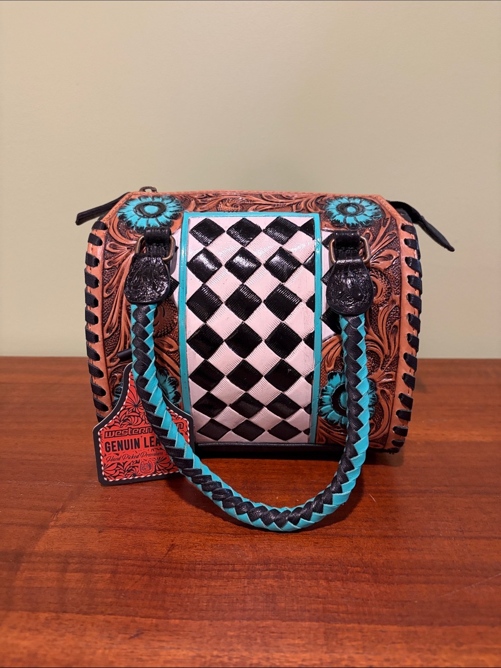 Tooled Leather Turquoise & Black Woven Speedy Bag